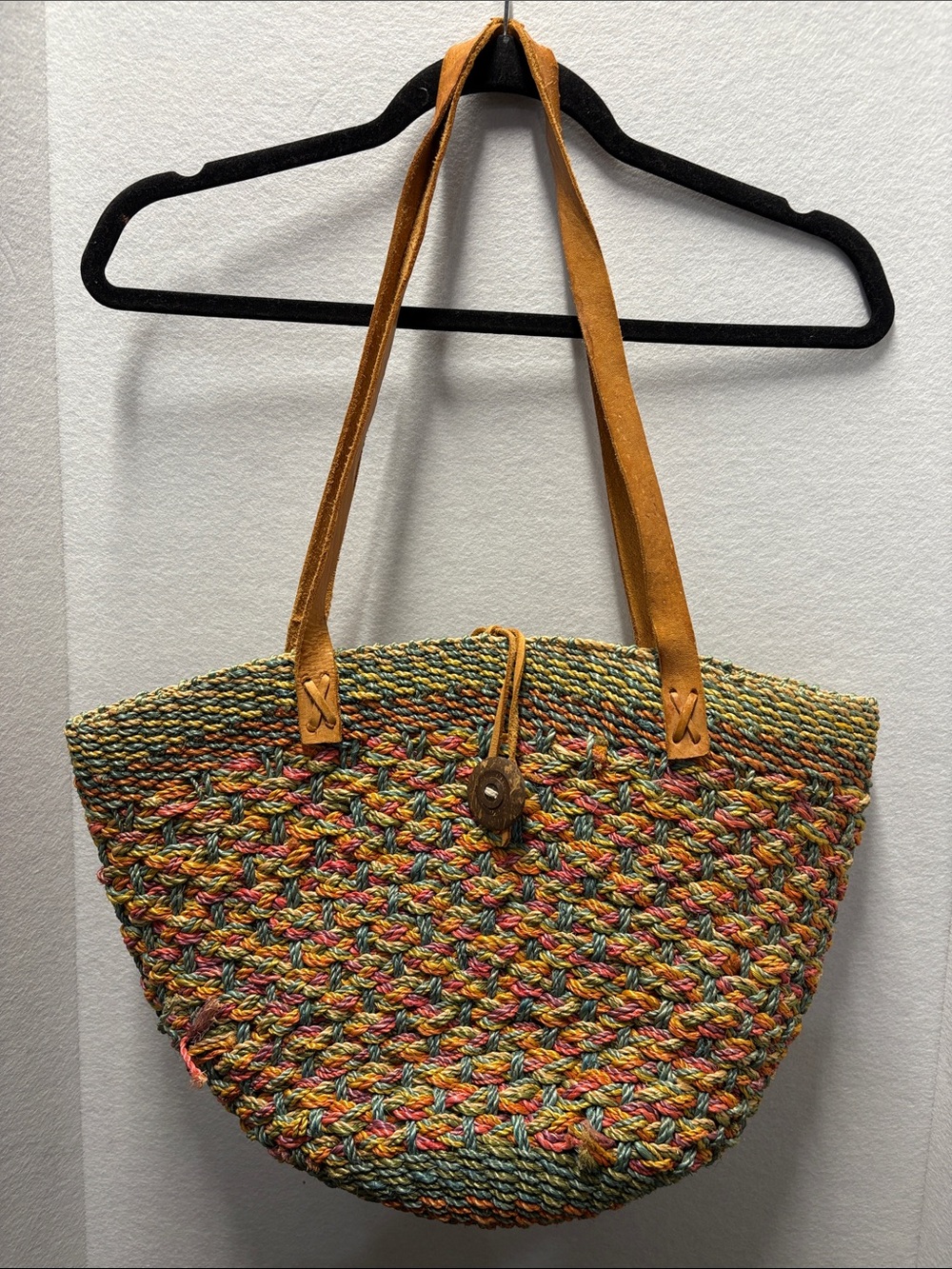 Vintage Multicolor Woven Basket Shoulder Bag Tote with Leather Straps